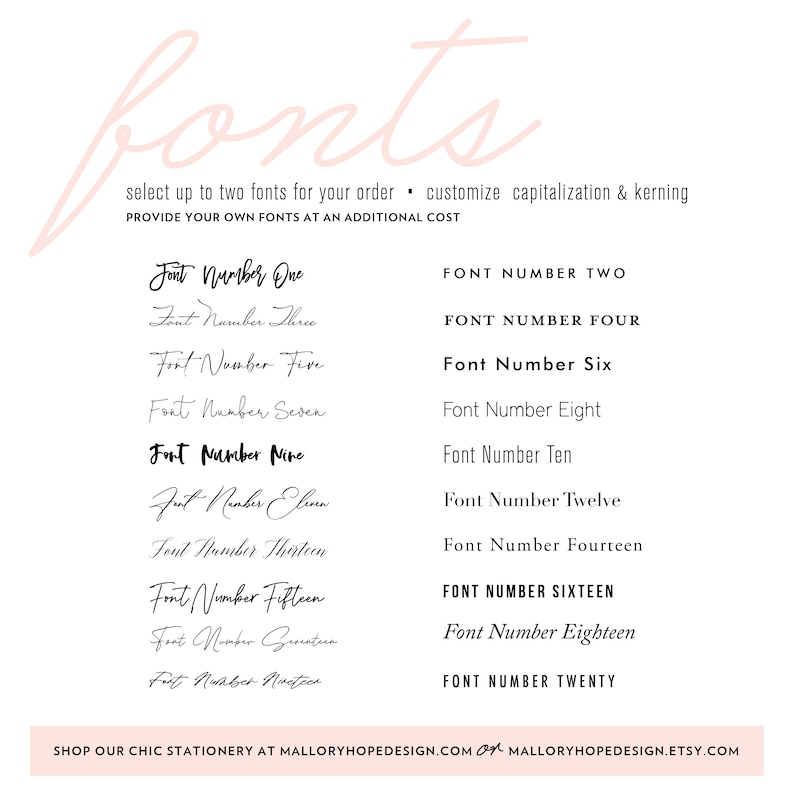 Może przedstawiać: Lista 20 r&oacute;żnych czcionek, ponumerowanych od jednego do dwudziestu, z tekstem "select up to two fonts for your order. customize capitalization & kerning" i "PROVIDE YOUR OWN FONTS AT AN ADDITIONAL COST" w g&oacute;rnej części obrazu.