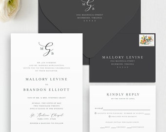 Monogram Wedding Invitation & RSVP Set, Timeless Wedding Invitation, Black Envelopes with White Ink, Printed Minimalistic Wedding Invitation