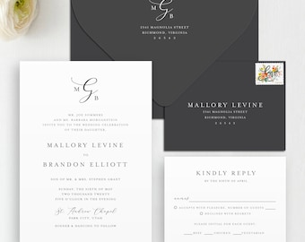 Monogram Wedding Invitation & RSVP Set: Minimalist Design, Black Envelopes