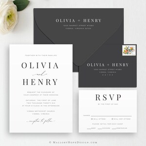 Modern Minimal Wedding Invitation & RSVP Set, Timeless Wedding Invitation, Black Envelopes with White Ink, Printed Wedding Invitation Suite