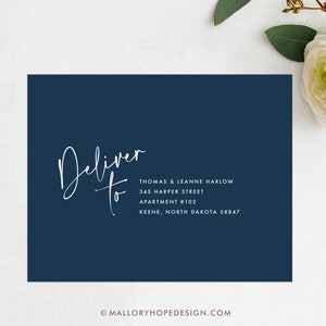 May include: A navy blue envelope with white text that reads "Deliver to" followed by an address for Thomas & Leanne Harlow. The address is 345 Harper Street, Apartment #102, Keene, North Dakota 58847. The bottom of the envelope has the copyright information for Malloryhopedesign.com.