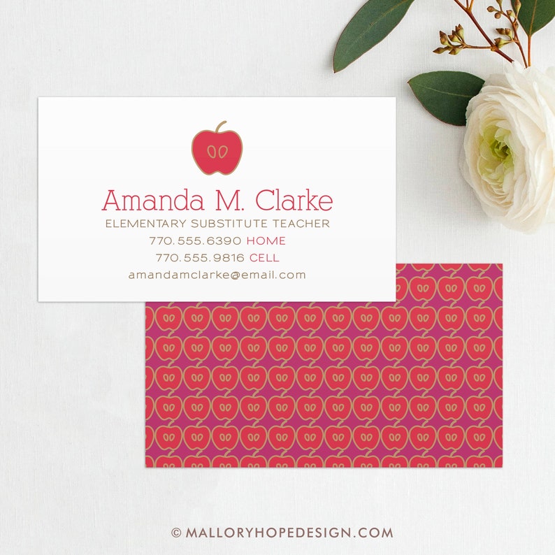 May include: A white business card with a red apple icon and the text "Amanda M. Clarke, Elementary Substitute Teacher, 770.555.6390 HOME, 770.555.9816 CELL, amandamclarke@email.com". The back of the card has a repeating pattern of red apples with gold outlines on a pink background. The text "&copy; MALLORYHOPEDESIGN.COM" is at the bottom of the card.
