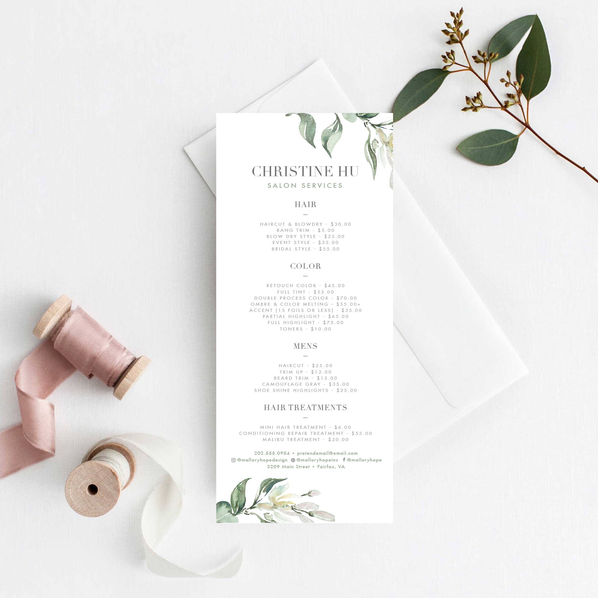 Greenery Service Menu Salon Price List Diy Template Instant Etsy