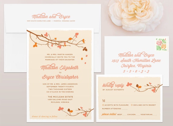 Fall Leaves Wedding Invitation & RSVP Set Autumn Wedding | Etsy