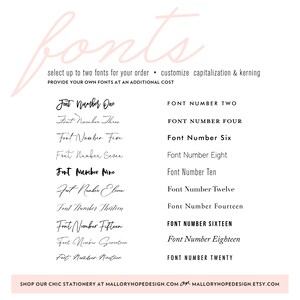 May include: A list of 20 different fonts, numbered one through twenty, with the text "select up to two fonts for your order. customize capitalization & kerning" and "PROVIDE YOUR OWN FONTS AT AN ADDITIONAL COST" at the top of the image.