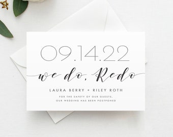 Printed We do Redo, Save the New Date, Change the Date Postcard, Magnet, Change the Date, Minimal Wedding Postponement, Change the Date