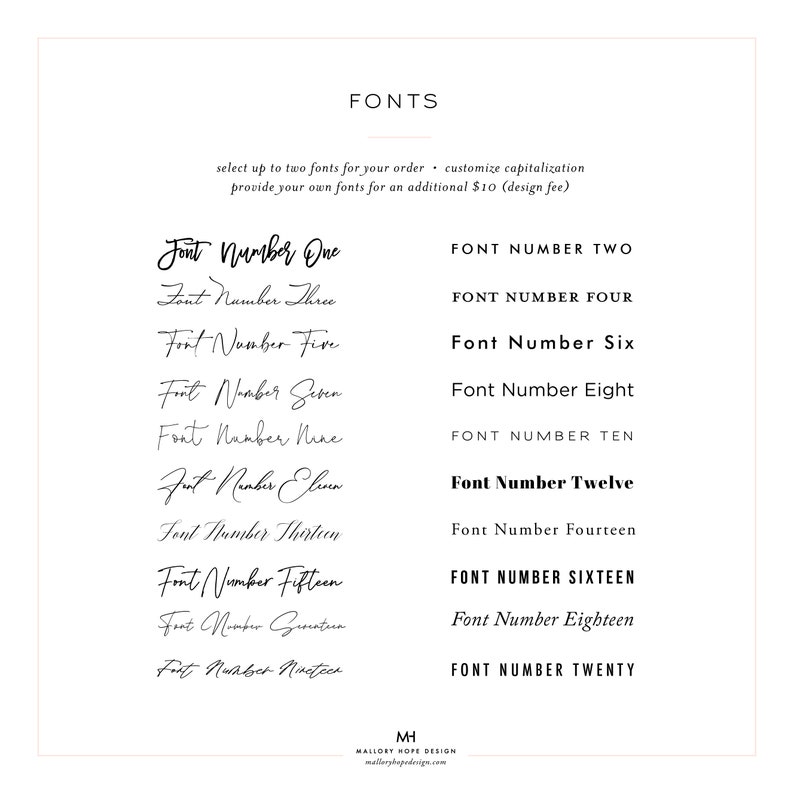 May include: A white background displays a selection of fonts labeled with numbers. The word "FONTS" is at the top. Below, various font styles are shown, each with a corresponding number. The text "Mallory Hope Design" and a website address are at the bottom.