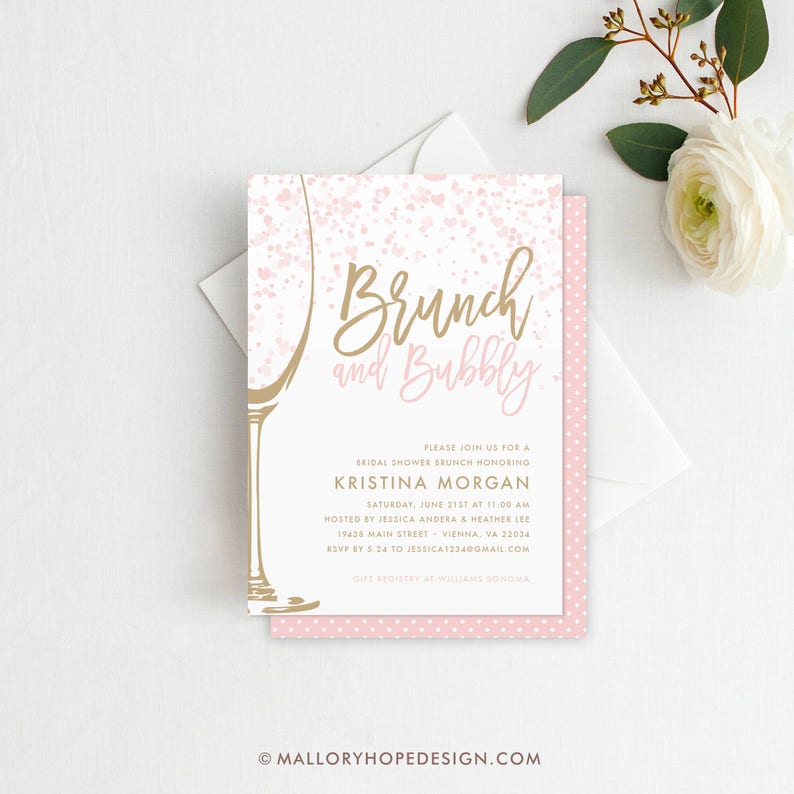 May include: A bridal shower brunch invitation with the words "Brunch and Bubbly" in gold script. The invitation is white with pink heart-shaped confetti and a pink polka dot border. A gold champagne glass is on the left.