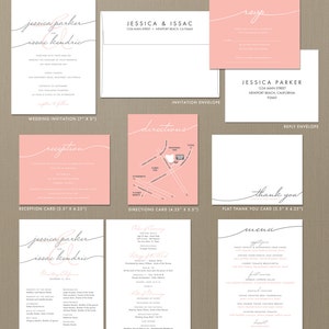 May include: Wedding invitation suite with a pink and white color scheme. The invitation features a handwritten font and includes the couple's names, wedding date, and ceremony location. The RSVP card is pink with a white border and includes the couple's names and address. The reception card is pink with a white border and includes the couple's names and the reception details. The directions card is pink with a white border and includes a map of the wedding venue. The thank you card is white with a pink border and includes the couple's names and a thank you message. The menu card is white with a pink border and includes the wedding menu.