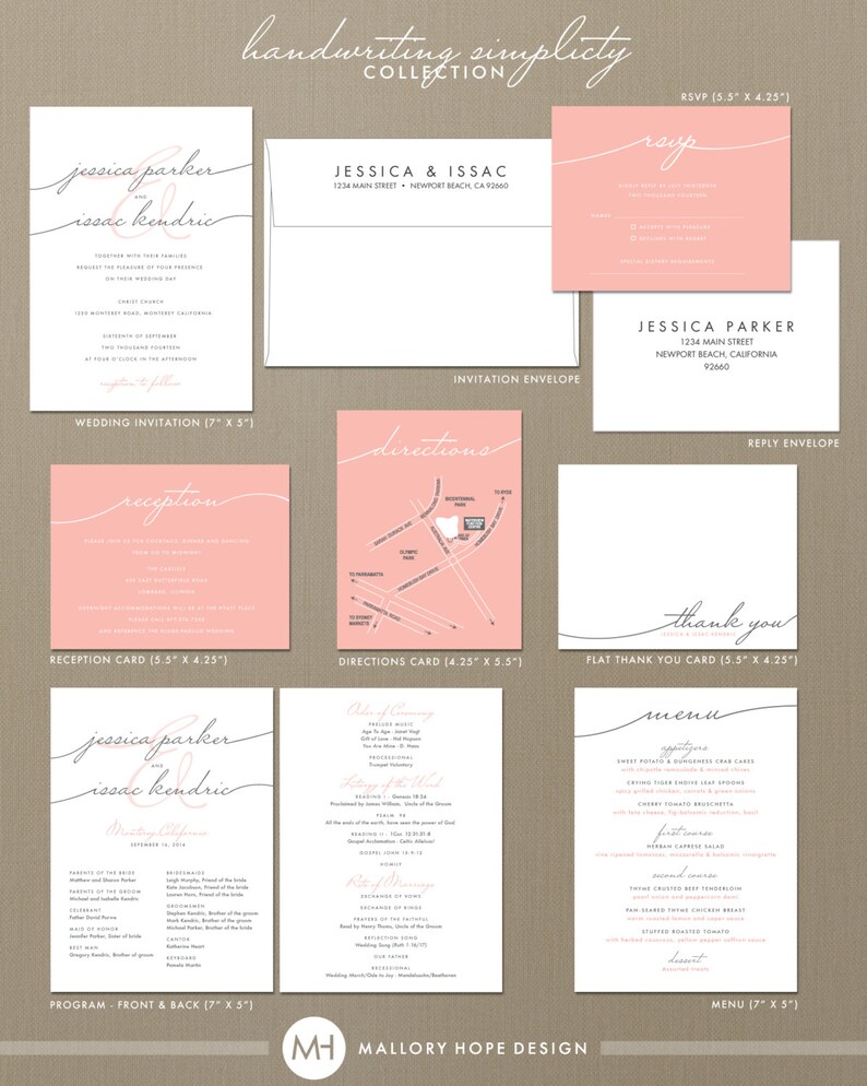 May include: Wedding invitation suite with a pink and white color scheme. The invitation features a handwritten font and includes the couple's names, wedding date, and ceremony location. The RSVP card is pink with a white border and includes the couple's names and address. The reception card is pink with a white border and includes the couple's names and the reception details. The directions card is pink with a white border and includes a map of the wedding venue. The thank you card is white with a pink border and includes the couple's names and a thank you message. The menu card is white with a pink border and includes the wedding menu.