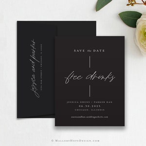 Free Drinks Save the Date, White Ink Save the Date, Black & White save the date, Printed Save the Date, Navy Save the Date, White Ink