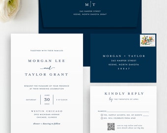 Minimalist Navy Wedding Invitation & RSVP: Printed Set