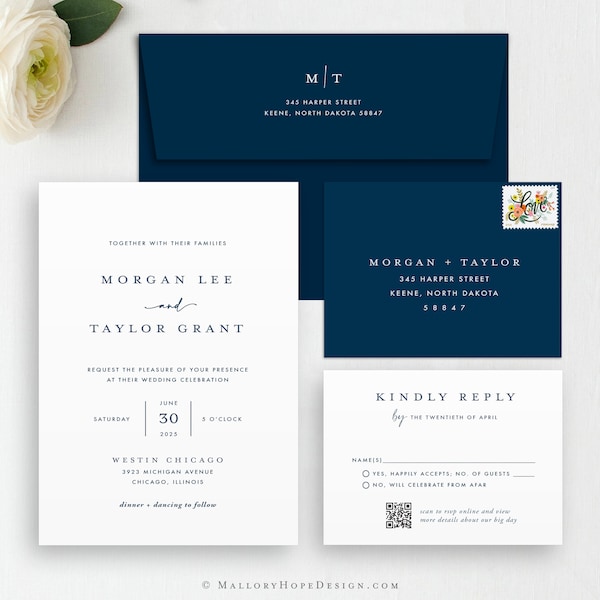 Sophisticated Wedding Invitation & RSVP, Minimal Wedding Invitation, Navy and White Wedding Invite, Printed Minimalistic Wedding Invitation