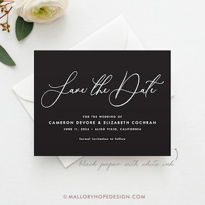 Calligraphy Save the Date Black Card with White Ink, White Ink Save the Date, Minimalistic Save the Date, Minimalist Black & White, Printed