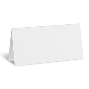 May include: A blank, white tent card, folded in half, stands upright on a white background. The card is rectangular with a smooth surface, ideal for place settings or informational displays.