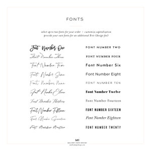 May include: A white sheet of paper with the word "FONTS" in black text at the top.  The page lists 20 different fonts, numbered one through twenty, with each font name written in the corresponding font style.  The text "select up to two fonts for your order - customize capitalization. provide your own fonts for an additional $10 (design fee)" is written in black text below the word "FONTS".