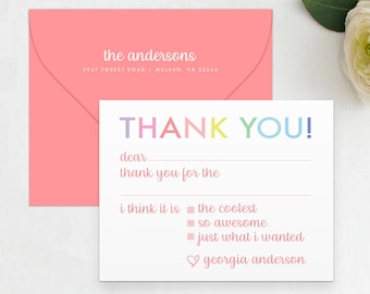 Fill In The Blank Thank You Card: Rainbow Kids Stationery