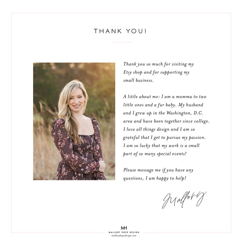 May include: A woman with long blonde hair wearing a floral dress, smiling in an outdoor setting. The text reads "THANK YOU!" and a message about supporting a small business. The signature "Mallory" is also visible.