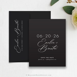 Calligraphy White Ink Save the Date, Minimal Black & White save the date, Printed Save the Date, Navy Save the Date, Navy Paper White Ink