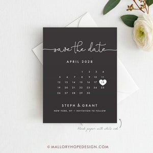Calendar Save the Date Card, White Ink on Black Paper, Black and White, Printed Save the Date, Navy Save the Date, Calendar, Ballpoint
