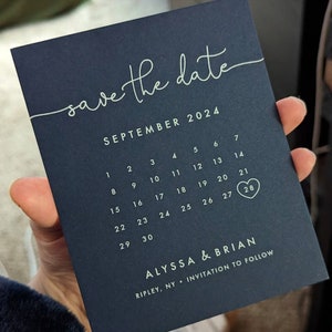 Calendar Save the Date Card, White Ink on Black Paper, Black and White, Printed Save the Date, Navy Save the Date, Calendar, Ballpoint