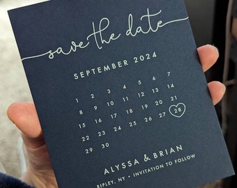 Calendar Save the Date Card, White Ink on Black Paper, Black and White, Printed Save the Date, Navy Save the Date, Calendar, Ballpoint