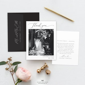 Carte de remerciement avec photo de mariage, remerciement avec photo de calligraphie, remerciement de jeunes mariés, carte de remerciement de mariage, remerciement pour la mariée, remerciement personnalisé