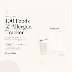 Baby's First 100 Foods & Allergen Tracker Printable | Baby-Led Weaning Chart | Starting Solids Feeding Log | New Food Reaction Tracker PDF