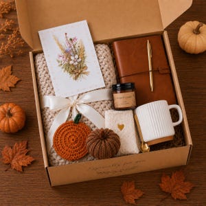 May include: A gift box containing a beige knit blanket tied with a white ribbon, a brown leather-bound journal with a gold pen, a small scented candle, a white ribbed ceramic mug with a gold spoon, a crochet pumpkin, and a floral card.