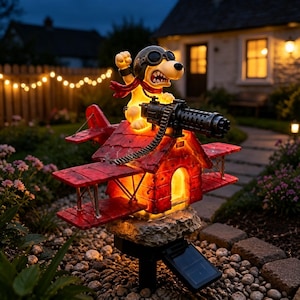 Può includere: Una lampada da giardino a energia solare con un cane giallo dei cartoni animati che indossa un cappello da aviatore e occhiali marroni, seduto su una cuccia rossa a forma di biplano. La cuccia ha una mitragliatrice nera e una luce calda.