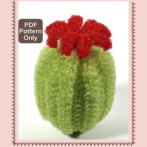 Op de afbeelding: Een haakpatroon voor een cactusvormige afwasspons met een lichtgroen, getextureerd lichaam en een felrode bovenkant. De tekst Cactus Dish Scrubby Crochet Pattern en PDF Pattern Only is zichtbaar op de lichtroze achtergrond rondom het item.