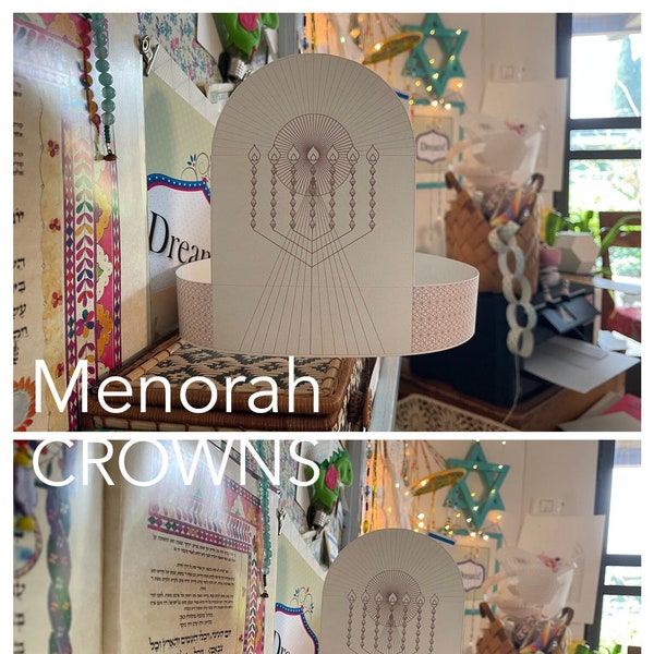 Paper Craft Menorah Crowns-Printable Template-Queen Esther Glow-Royal Majestic Crown-Purim Party Crafts-Coloring-PDF-How to Make-DOWNLOAD