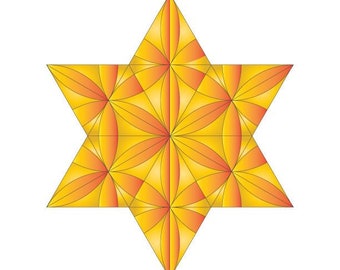 Könnte beinhalten: Eine lebendige, geometrische Illustration eines sechszackigen Sterns mit einem Muster aus orangefarbenen und gelben floralen Designs. Das Kunstwerk befindet sich vor einem weißen Hintergrund, mit Text am unteren Rand, der "HALELLUYA Sacred Soul Art" und "follow zebratoys" lautet.