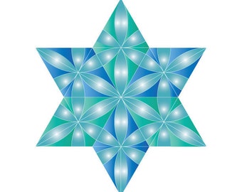 May include: A blue and green geometric star of David with a flower pattern. The Hebrew word "Halleluyah" is written below the star, along with the words "Sacred Soul Art".