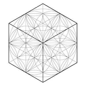 May include: A black and white line drawing of a cube featuring a geometric pattern of intersecting circles on each visible face. The bottom left corner displays Hebrew text and the text HALELUYA SACRED SOUL ART haleluyasacredsoul.com. The bottom right shows zebratoys zebratoys.etsy.com.