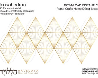 Icosahedron 3D Papercraft Gold Model Template-Home Décor Ideas-Platonic Solids-Printable Holiday Party Decorations-Sacred Geometry-DOWNLOAD