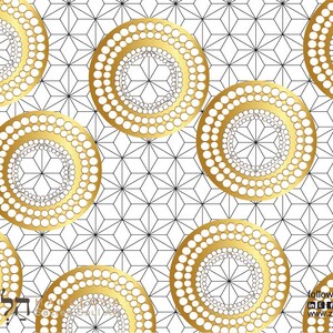 May include: A white background with a black geometric pattern. Overlaid on the pattern are gold circles with white dots around the edges. The text "follow zebratoy" is in the bottom right corner.