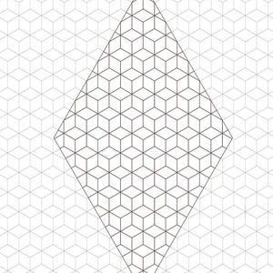 May include: Geometric diamond design composed of interconnected cubes, set against a background of similar cube patterns. The image includes the text "HALEUYA Sacred Soul Art" and social media icons. The overall design is in black and white.