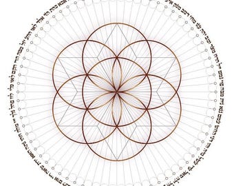 May include: A white print featuring a geometric design of intersecting circles and lines in shades of brown and gold. The design is surrounded by text in a circular pattern. The bottom of the print includes the text "HALELUYA Sacred Soul Art".