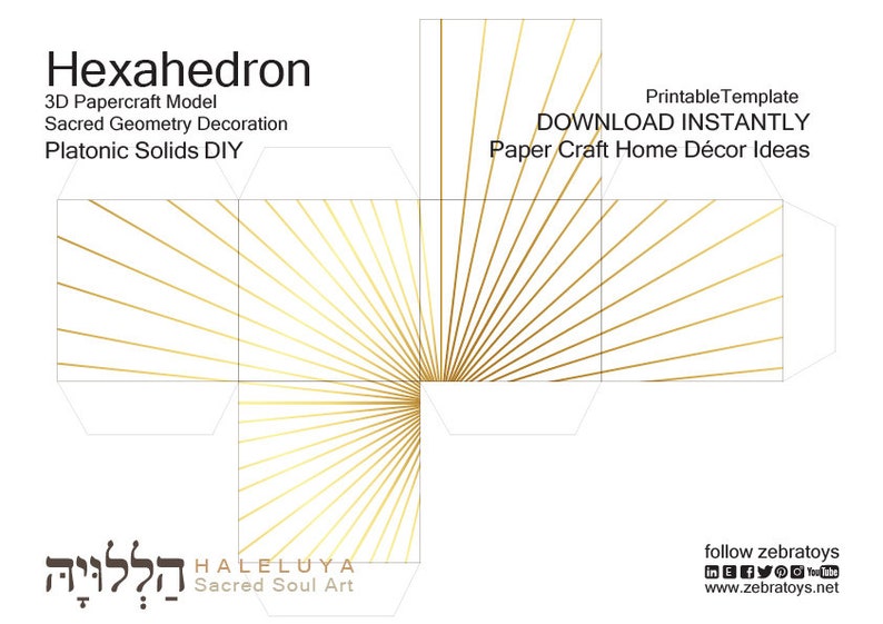 Hexahedron 3D Cube Papercraft Template Pdf-gold Platonic Solids ...