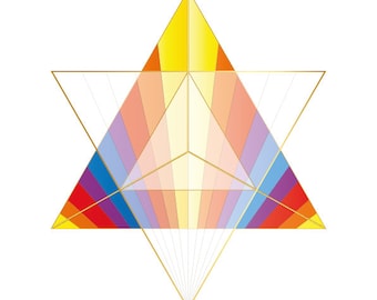 May include: A geometric design with a star shape, made up of overlapping triangles in shades of yellow, orange, red, purple, blue, and white. The design is outlined in gold and has the text "HALELUYA Sacred Soul Art" at the bottom.
