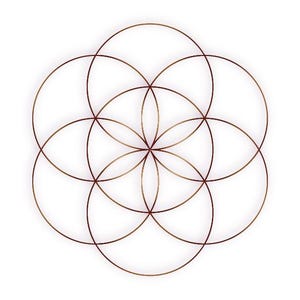 Peut inclure: Un motif géométrique de cercles marron superposés, formant une fleur. Le texte "HALEUYA Sacred Soul Art" est en bas à gauche, avec des icônes de médias sociaux et une adresse de site web en bas à droite.