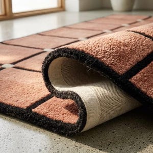 Peut inclure: Un tapis rectangulaire présentant un motif en damier composé de carrés couleur terre cuite, séparés par d'épaisses lignes noires et de petits accents circulaires blancs aux intersections. Le tapis est partiellement plié, révélant un envers tissé clair.