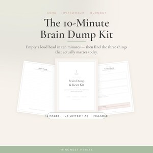 Puede incluir: Un conjunto de planificador digital titulado The 10-Minute Brain Dump Kit, que presenta tres páginas blancas con texto en negro. Las páginas incluyen secciones para Brain Dump y Today's Top 3. El kit incluye 14 páginas en tamaños US Letter y A4, y es rellenable.