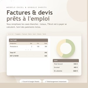 Peut inclure: Un modèle numérique pour Excel et Google Sheets intitulé Factures & devis prêts à l'emploi. Il présente un tableau de facture avec des colonnes pour la désignation, la quantité, le prix unitaire et le total, ainsi qu'un graphique et un suivi.