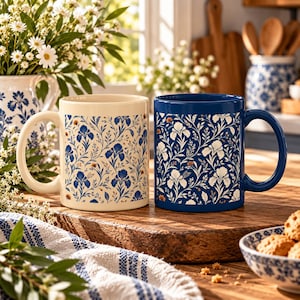 May include: Two ceramic mugs featuring a detailed botanical pattern of blue and white iris flowers. One mug has a cream-colored base with blue floral designs, while the other has a deep blue base with white floral designs, both with handles.