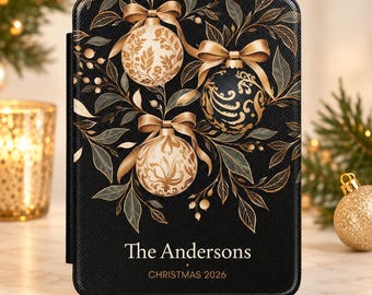 Funda personalizada para Kindle en color negro y dorado con motivos navideños, adornos decorativos y diseño botánico (para Kindle Paperwhite de 7 pulgadas).