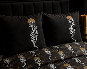 Black Tiger Cotton Bedding Set | Japanese Style Duvet Cover, Pillow Shams