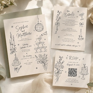 Hand Drawn Wedding Invitation Suite, Editable Canva Template, RSVP, Details Card, QR Code Invite