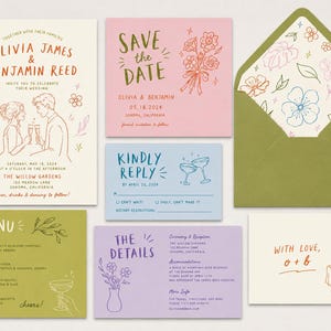 May include: A wedding stationery set featuring a cream invitation, pink save the date, blue RSVP card, green menu, purple details card, and a white thank you note. Each piece includes line art illustrations of flowers, drinks, and text.